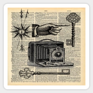 Dark Academia dictionary print steampunk skeleton keys antique camera Sticker